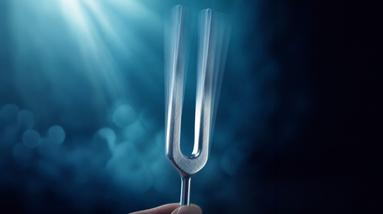 Metalen stemvork in een hand, tegen turquoise licht en een diepblauwe achtergrond